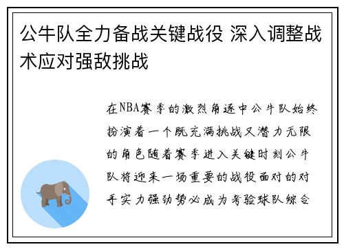 公牛队全力备战关键战役 深入调整战术应对强敌挑战