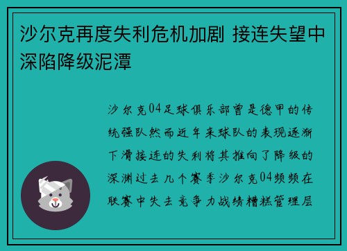 沙尔克再度失利危机加剧 接连失望中深陷降级泥潭