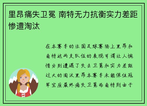 里昂痛失卫冕 南特无力抗衡实力差距惨遭淘汰