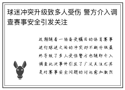 球迷冲突升级致多人受伤 警方介入调查赛事安全引发关注