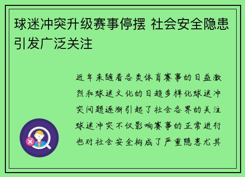 球迷冲突升级赛事停摆 社会安全隐患引发广泛关注
